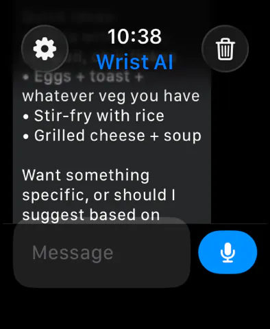 Wrist AI Chat on Apple Watch showing a dinner-idea response and the message input.
